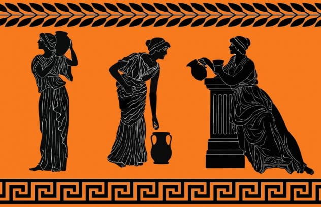 A Grecian urn style illustration of three Greek women carrying urns. The image is has a laurel leaf border on top and a Greek spiral border on the bottom. The background is orange and the icons are black.