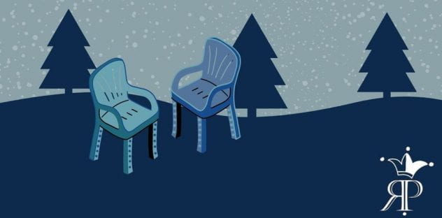 A cartoony graphic of two lawn chairs on a dark blue hill with some pine trees and snow in the background