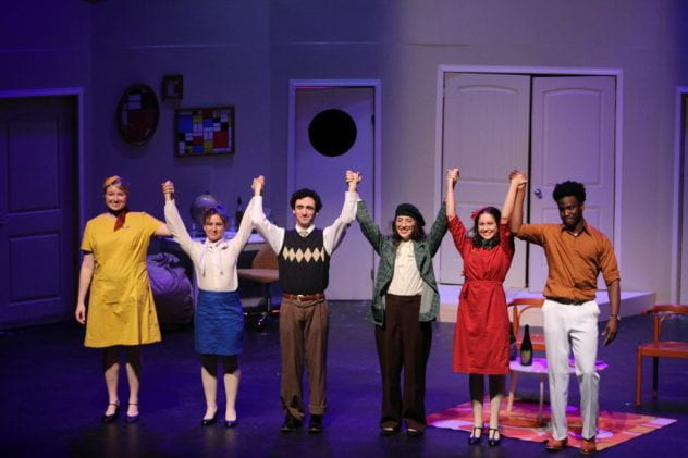 The cast of the Rice Players' production of Boeing Boeing takes a bow